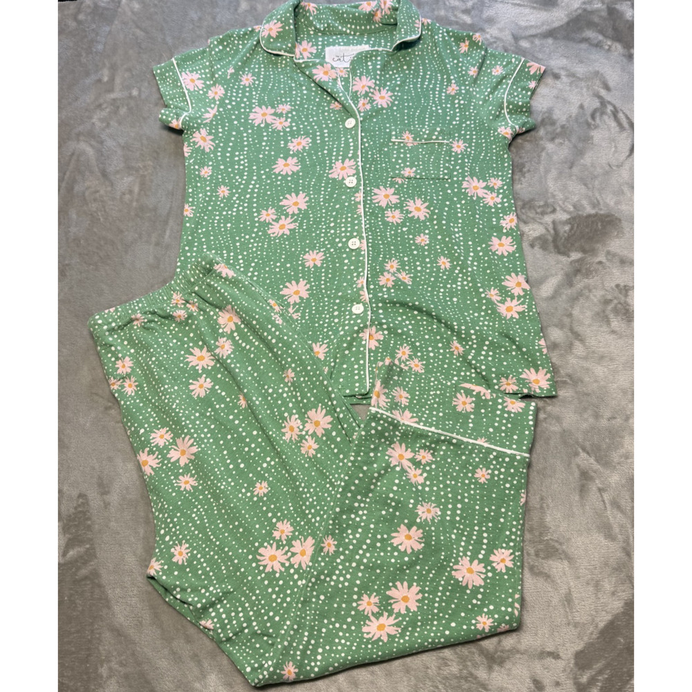 The Cat's Pajamas 2 Pc Pima Cotton‎ Shirt & Ankle Pants Green Floral Sz Small - Picture 2 of 9
